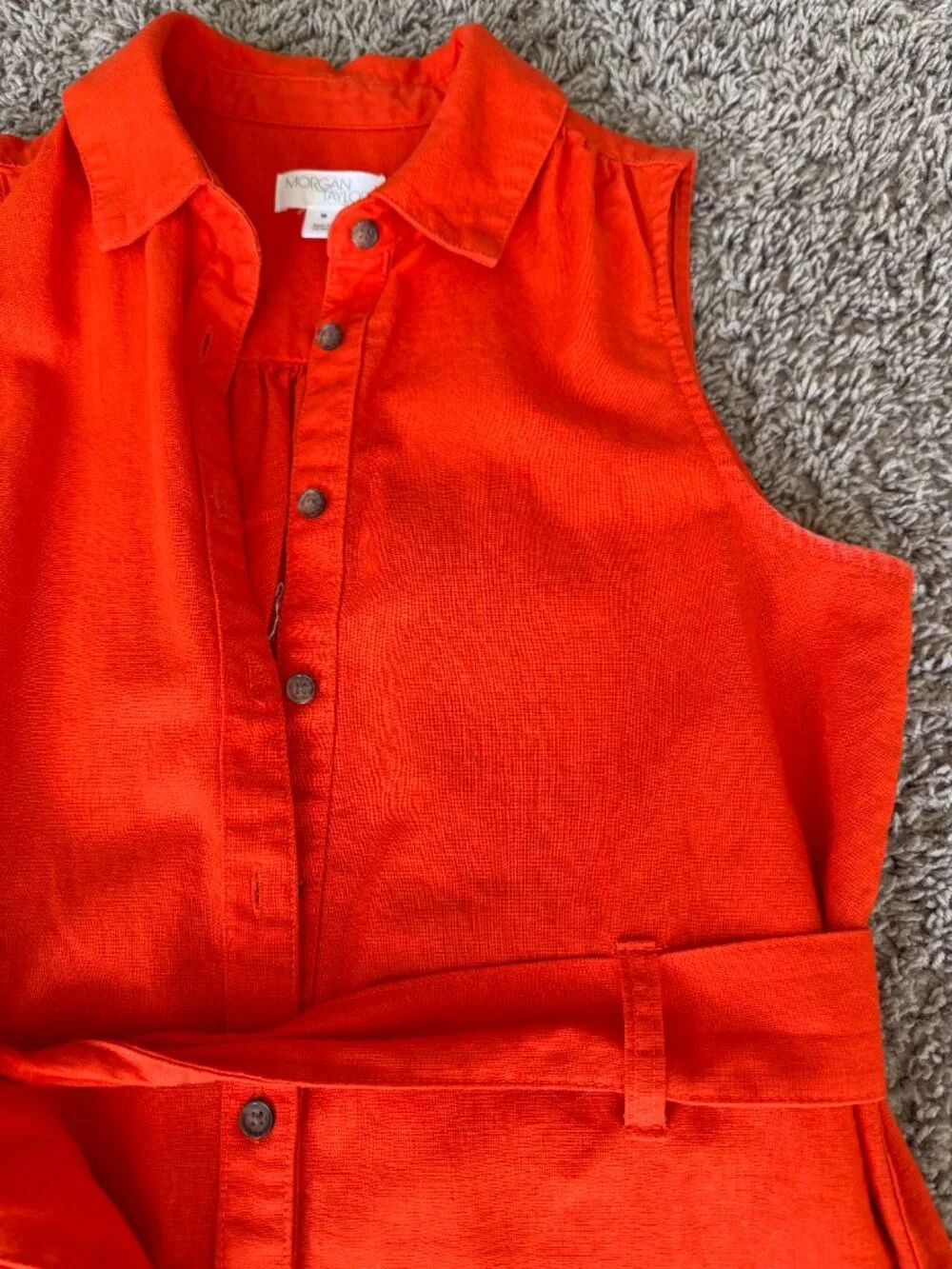 EUC Medium Bright Red Orange Linen Blend Belted Shirt Dress Morgan Taylor